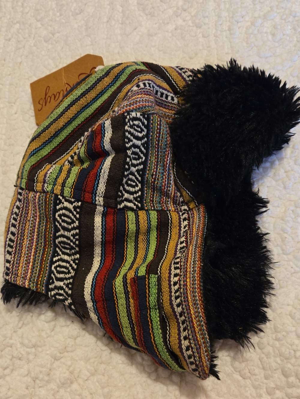 Multicolor Striped Knit Trapper Hat with Black Faux Fur Lining